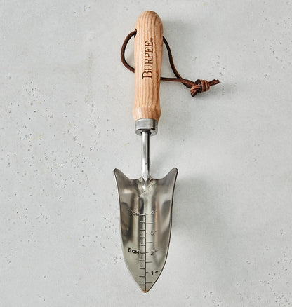 15" Stainless Steel Soil Scoop | Durable Long Lasting Garden Tool | Leather Wrist Strap 5" Handle, Oak