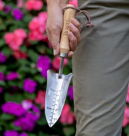 15" Stainless Steel Soil Scoop | Durable Long Lasting Garden Tool | Leather Wrist Strap 5" Handle, Oak