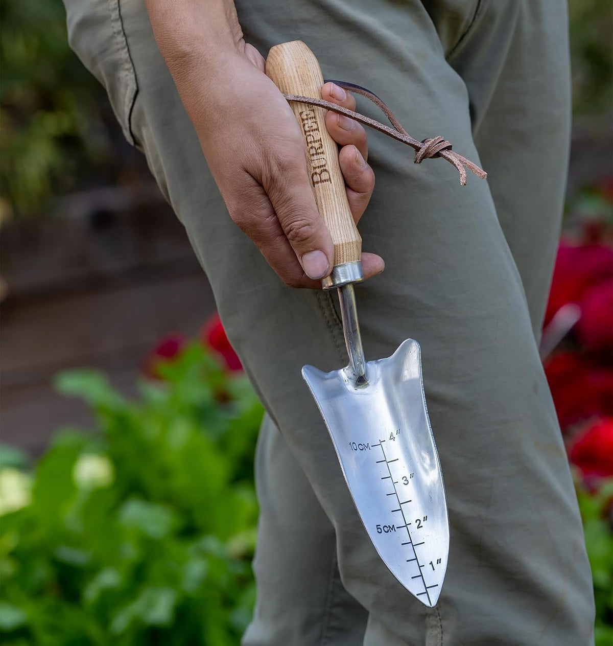 15" Stainless Steel Soil Scoop | Durable Long Lasting Garden Tool | Leather Wrist Strap 5" Handle, Oak