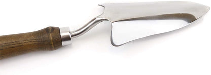 15" Stainless Steel Soil Scoop | Durable Long Lasting Garden Tool | Leather Wrist Strap 5" Handle, Oak