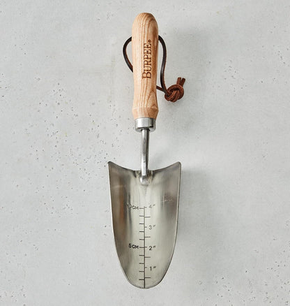 15" Stainless Steel Soil Scoop | Durable Long Lasting Garden Tool | Leather Wrist Strap 5" Handle, Oak