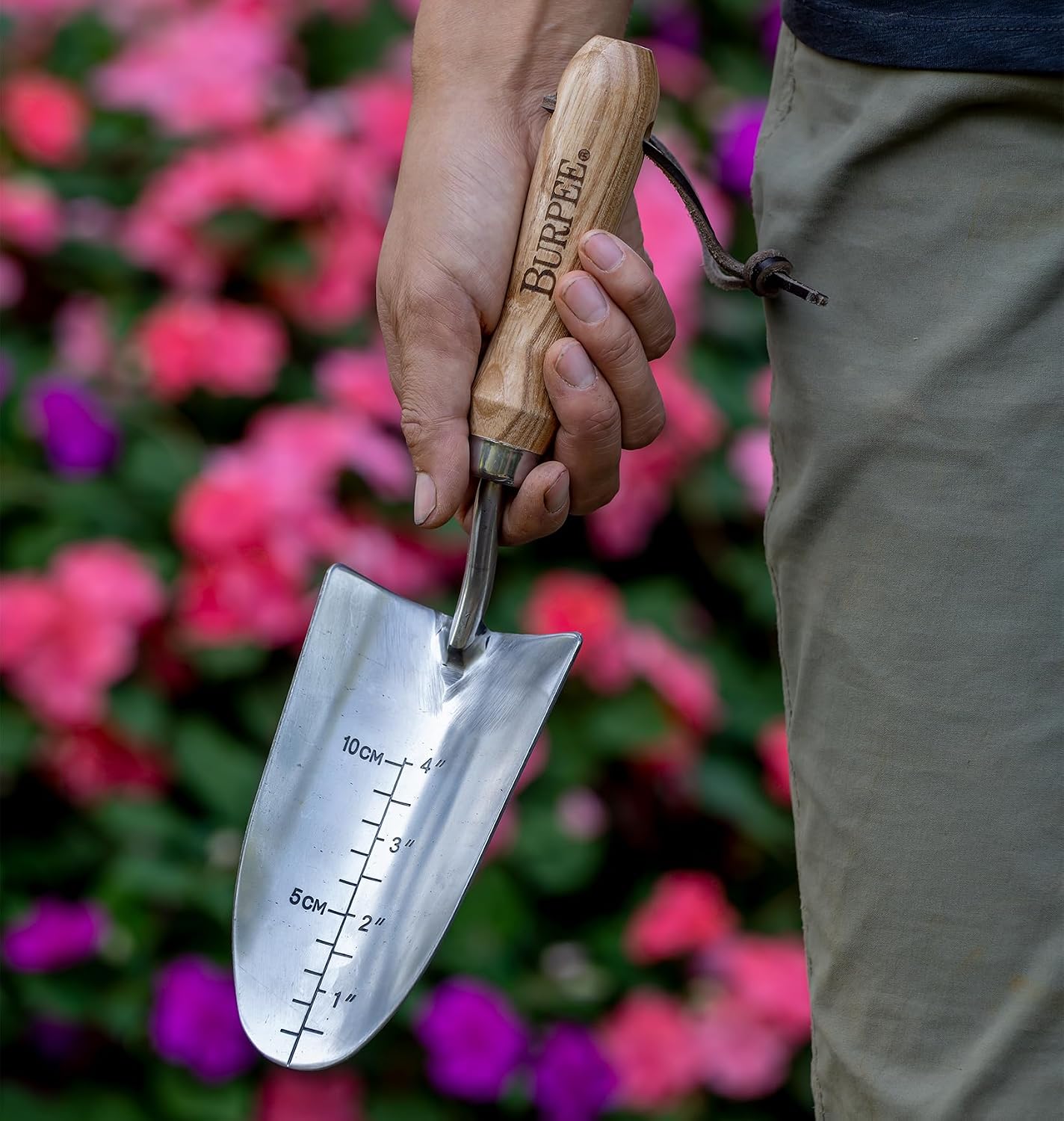 15" Stainless Steel Soil Scoop | Durable Long Lasting Garden Tool | Leather Wrist Strap 5" Handle, Oak