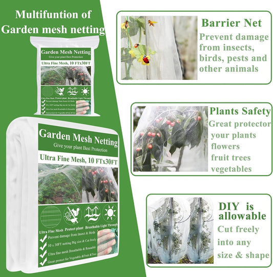 Garden Mesh Netting Kit,10 x 30FT Ultra Fine Netting with 12 Sets Garden Hoops for Raised Beds Vegetable Plants Fruits Greenhouse Row Cover Birds Animals Barrier Protection Net