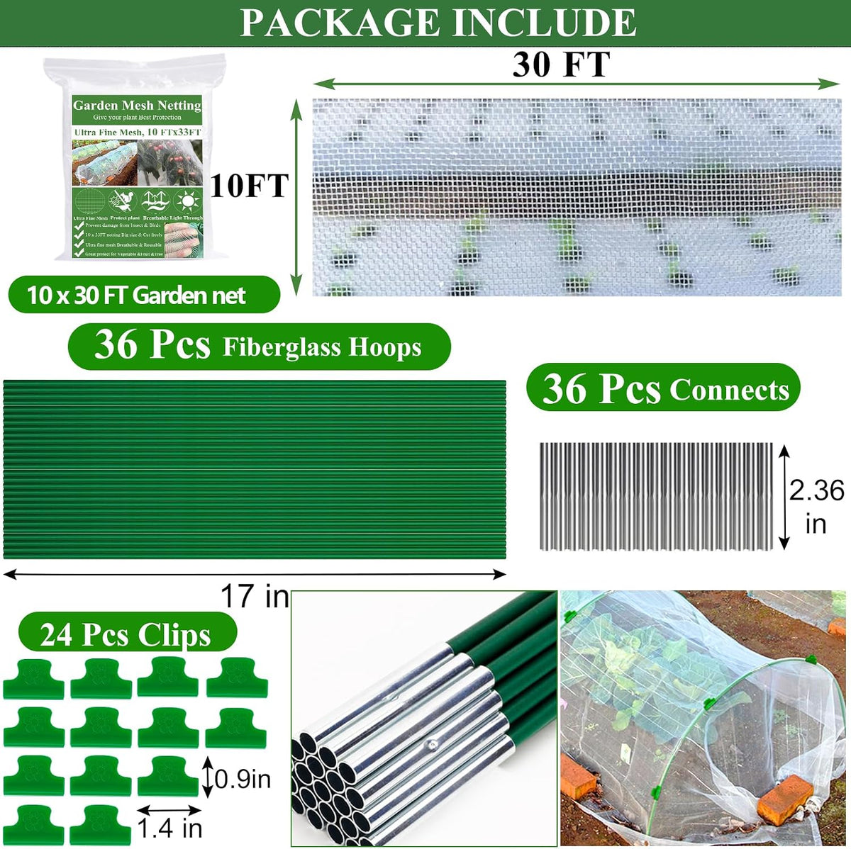Garden Mesh Netting Kit,10 x 30FT Ultra Fine Netting with 12 Sets Garden Hoops for Raised Beds Vegetable Plants Fruits Greenhouse Row Cover Birds Animals Barrier Protection Net