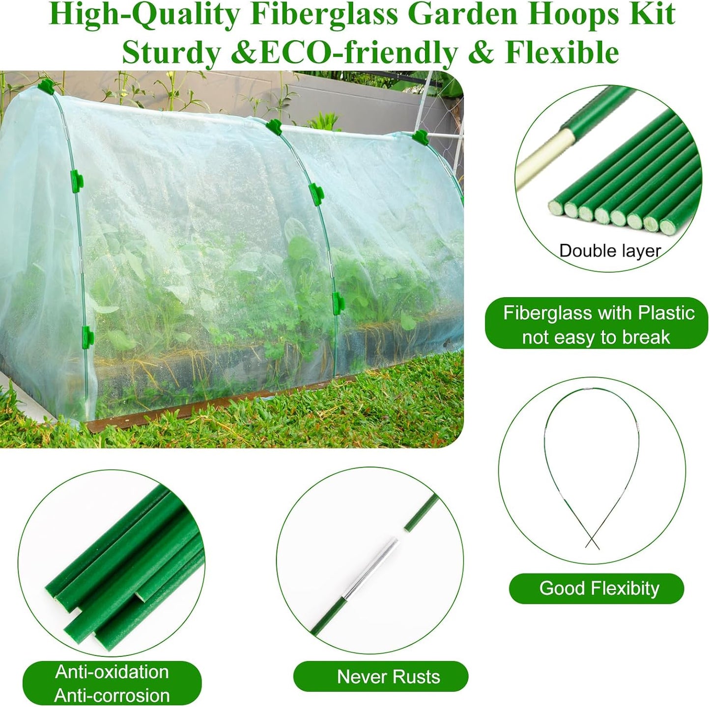 Garden Mesh Netting Kit,10 x 30FT Ultra Fine Netting with 12 Sets Garden Hoops for Raised Beds Vegetable Plants Fruits Greenhouse Row Cover Birds Animals Barrier Protection Net