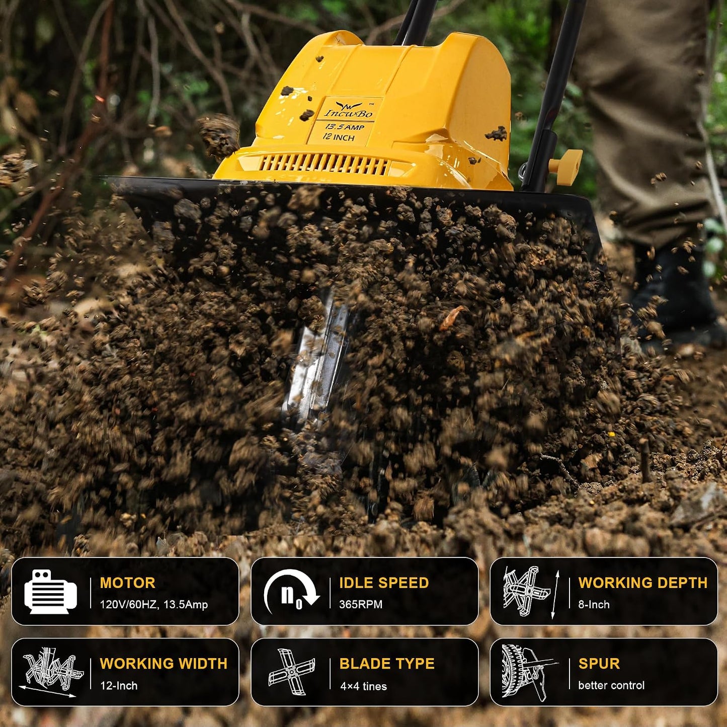 IncwBo 12'' 13.5-AMP Electric Roto Tiller Cultivator for Gardening Cored
