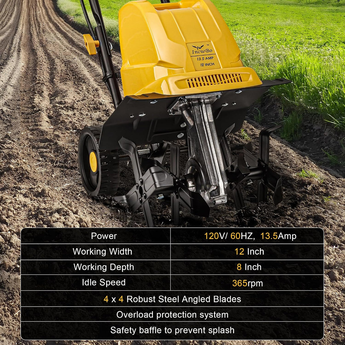 IncwBo 12'' 13.5-AMP Electric Roto Tiller Cultivator for Gardening Cored