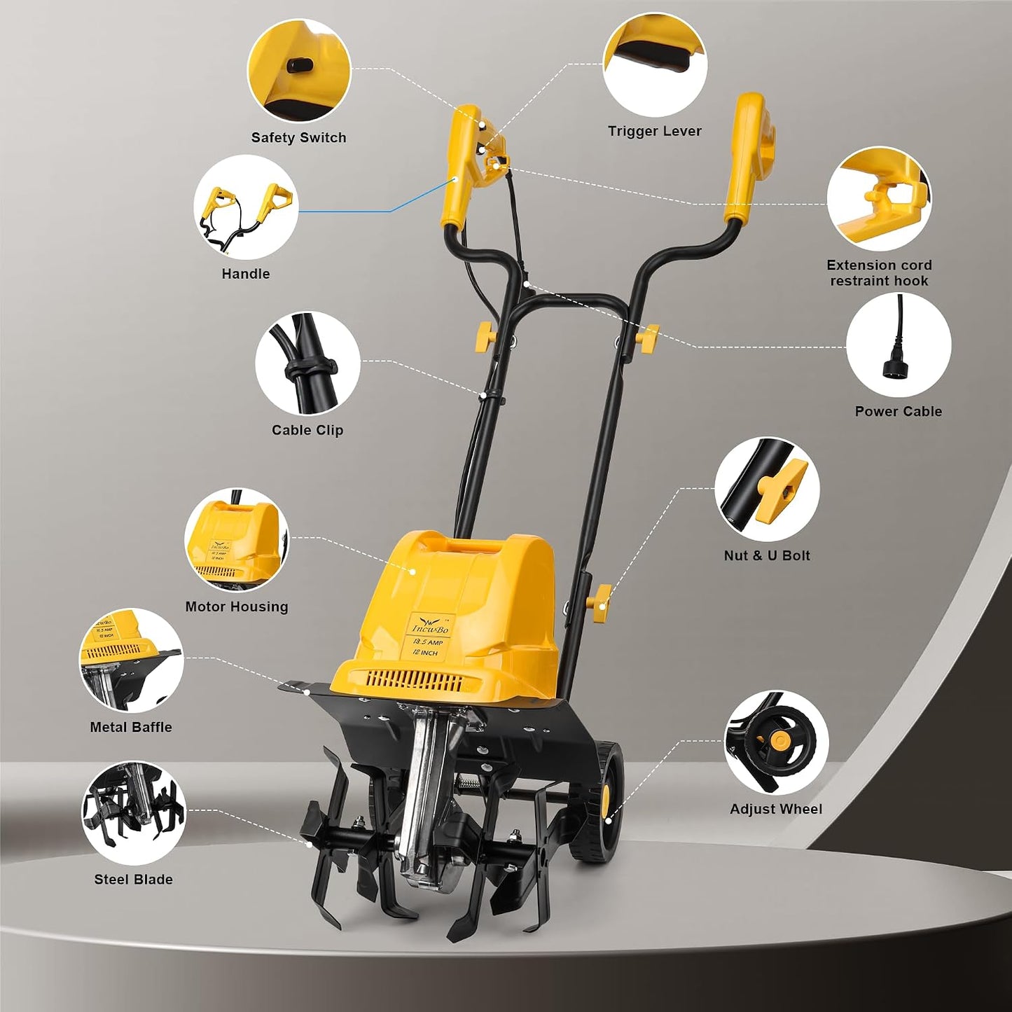 IncwBo 12'' 13.5-AMP Electric Roto Tiller Cultivator for Gardening Cored