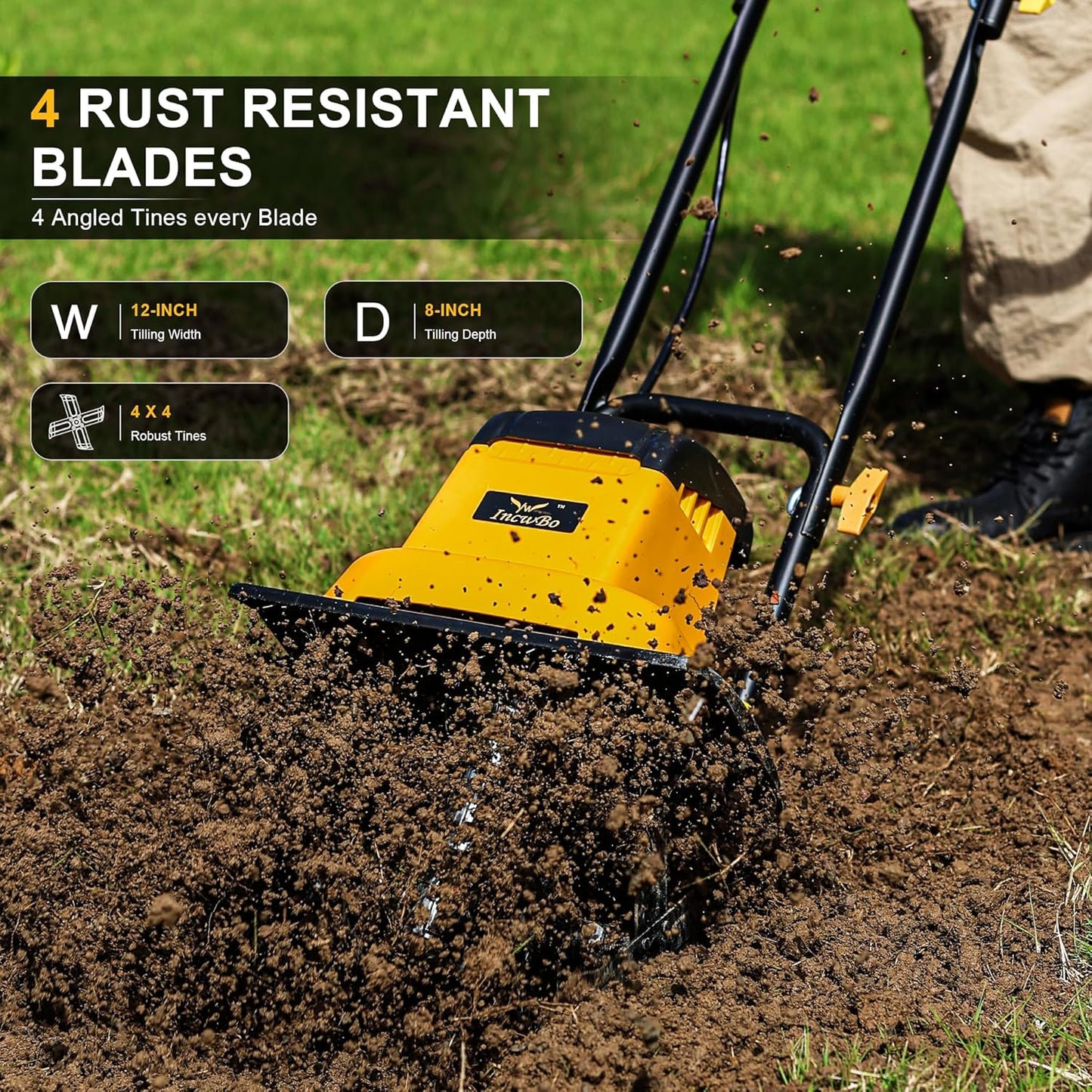 IncwBo 12'' 13.5-AMP Electric Roto Tiller Cultivator for Gardening Cored