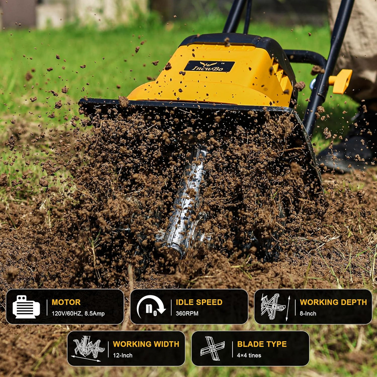 IncwBo 12'' 13.5-AMP Electric Roto Tiller Cultivator for Gardening Cored