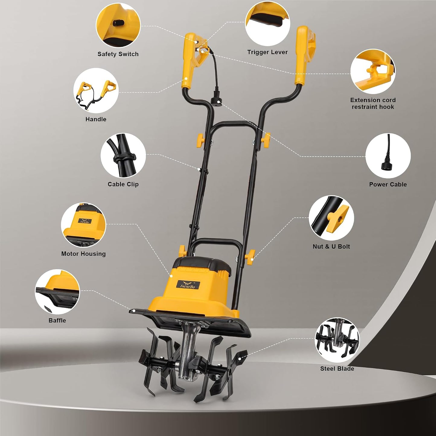 IncwBo 12'' 13.5-AMP Electric Roto Tiller Cultivator for Gardening Cored