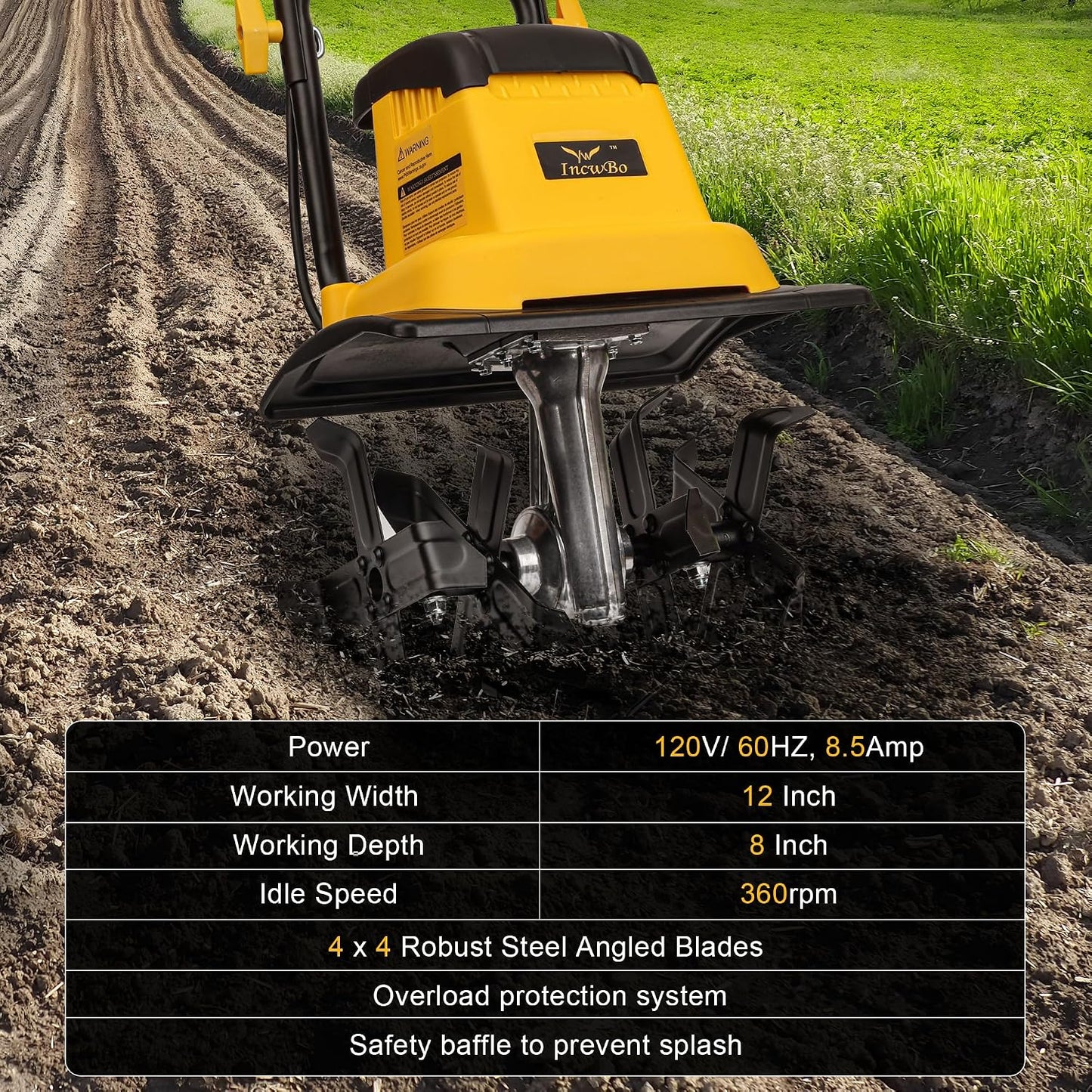 IncwBo 12'' 13.5-AMP Electric Roto Tiller Cultivator for Gardening Cored