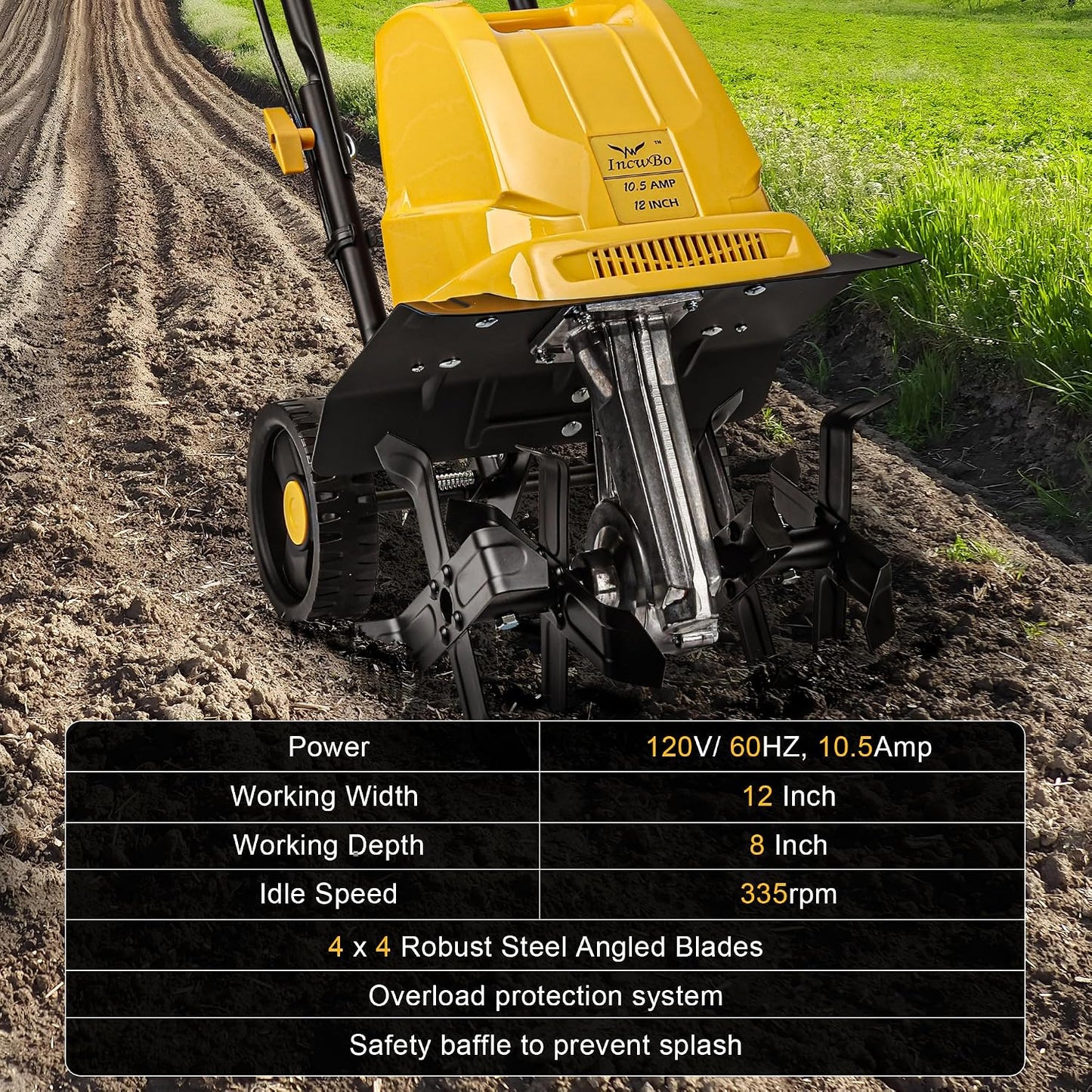 IncwBo 12'' 13.5-AMP Electric Roto Tiller Cultivator for Gardening Cored