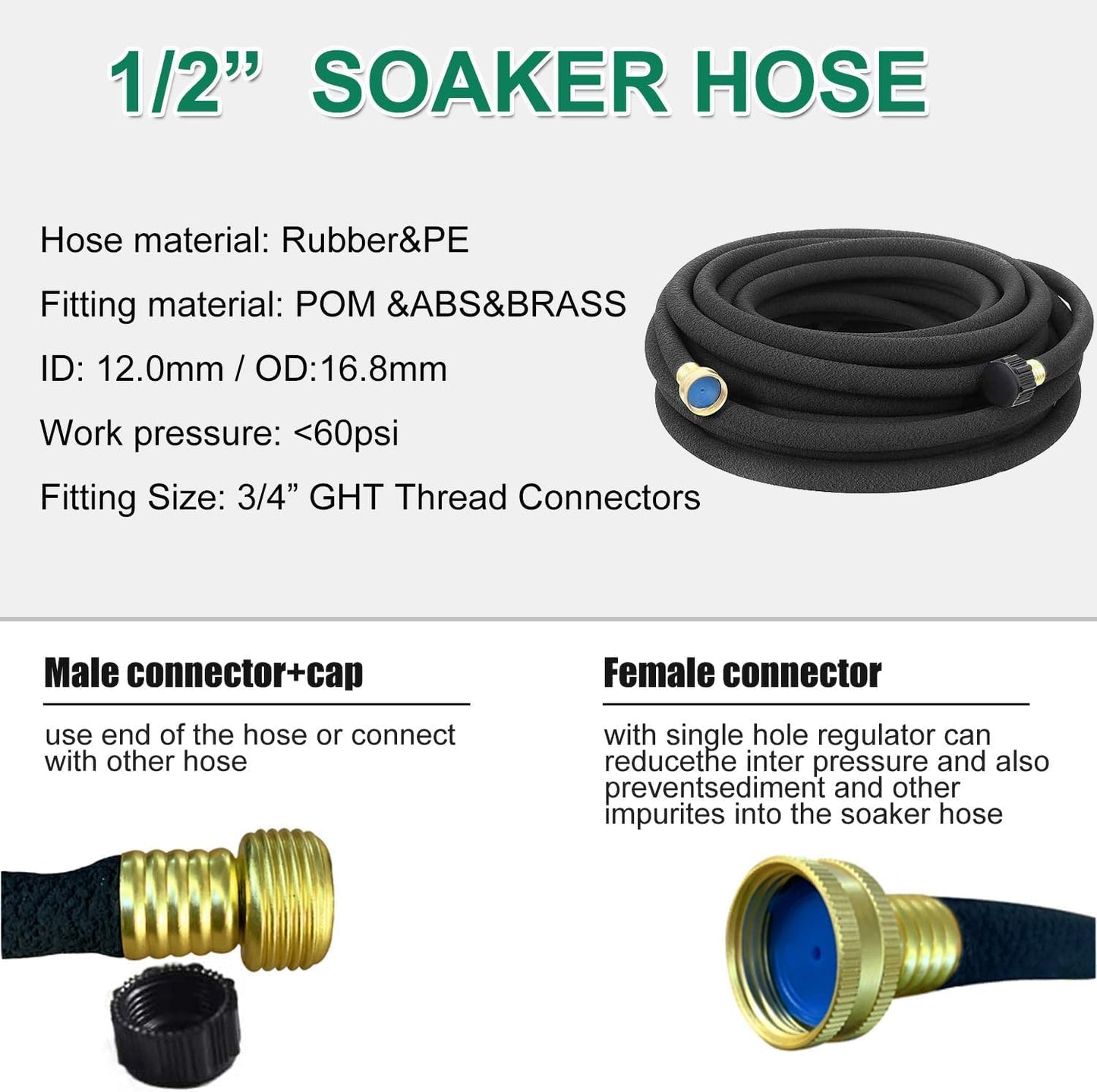 Soaker Hose 1/2" 50ft Rubber Round Soaker Hoses
