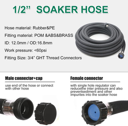 Soaker Hose 1/2" 50ft Rubber Round Soaker Hoses