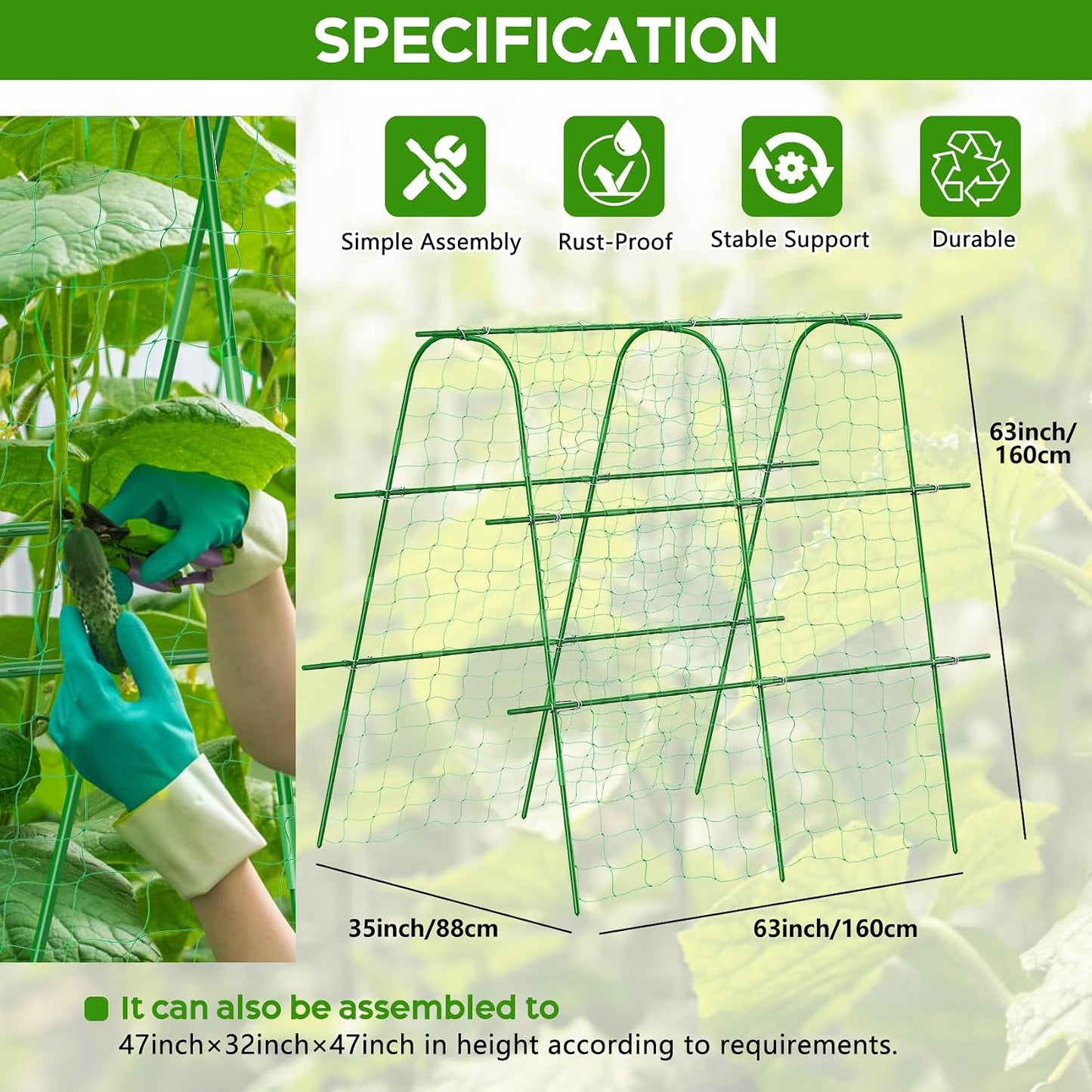48"×48" Cucumber Trellis, U-Shape Garden Cucumber Trellis for Raised Bed & Climbing Plants Outdoor, Metal Plant Support Arch Trellis for Vegetables, Pea, Bean, Grape