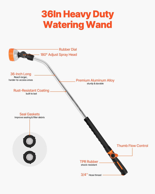 Watering Wand, 36-Inch Extra Long Heavy Duty Garden Hose Wand with 8 Spray Patterns & 180° Swivel Head, Long Hose Nozzle Sprayer with on/off Thumb Control, Ideal for Hanging Baskets