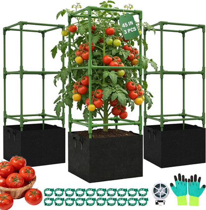 3 Pack Square Tomato Cages with Grow Bags, 45" Heavy Duty Square Tomato Trellis Plant Support for Raised Garden Bed Climbing Vegetables, Set with Garden Gloves, 20 Clips & 65FT Tie Wire