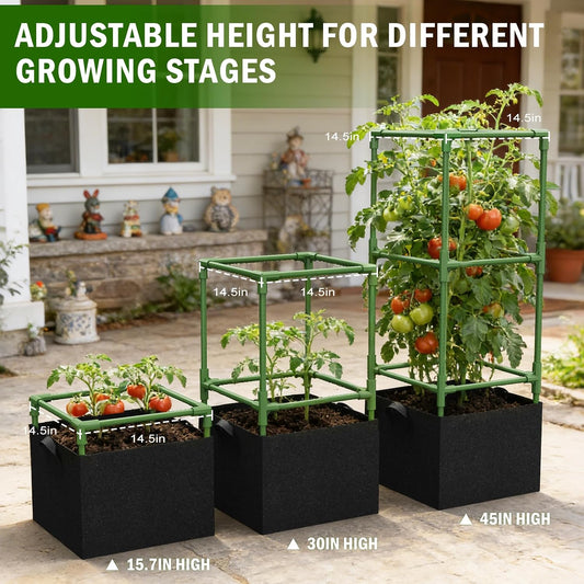 3 Pack Square Tomato Cages with Grow Bags, 45" Heavy Duty Square Tomato Trellis Plant Support for Raised Garden Bed Climbing Vegetables, Set with Garden Gloves, 20 Clips & 65FT Tie Wire