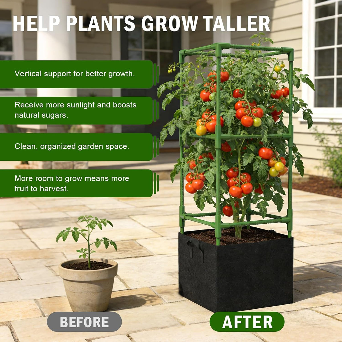 3 Pack Square Tomato Cages with Grow Bags, 45" Heavy Duty Square Tomato Trellis Plant Support for Raised Garden Bed Climbing Vegetables, Set with Garden Gloves, 20 Clips & 65FT Tie Wire