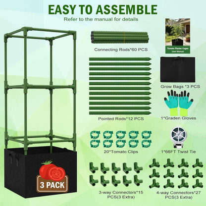 3 Pack Square Tomato Cages with Grow Bags, 45" Heavy Duty Square Tomato Trellis Plant Support for Raised Garden Bed Climbing Vegetables, Set with Garden Gloves, 20 Clips & 65FT Tie Wire