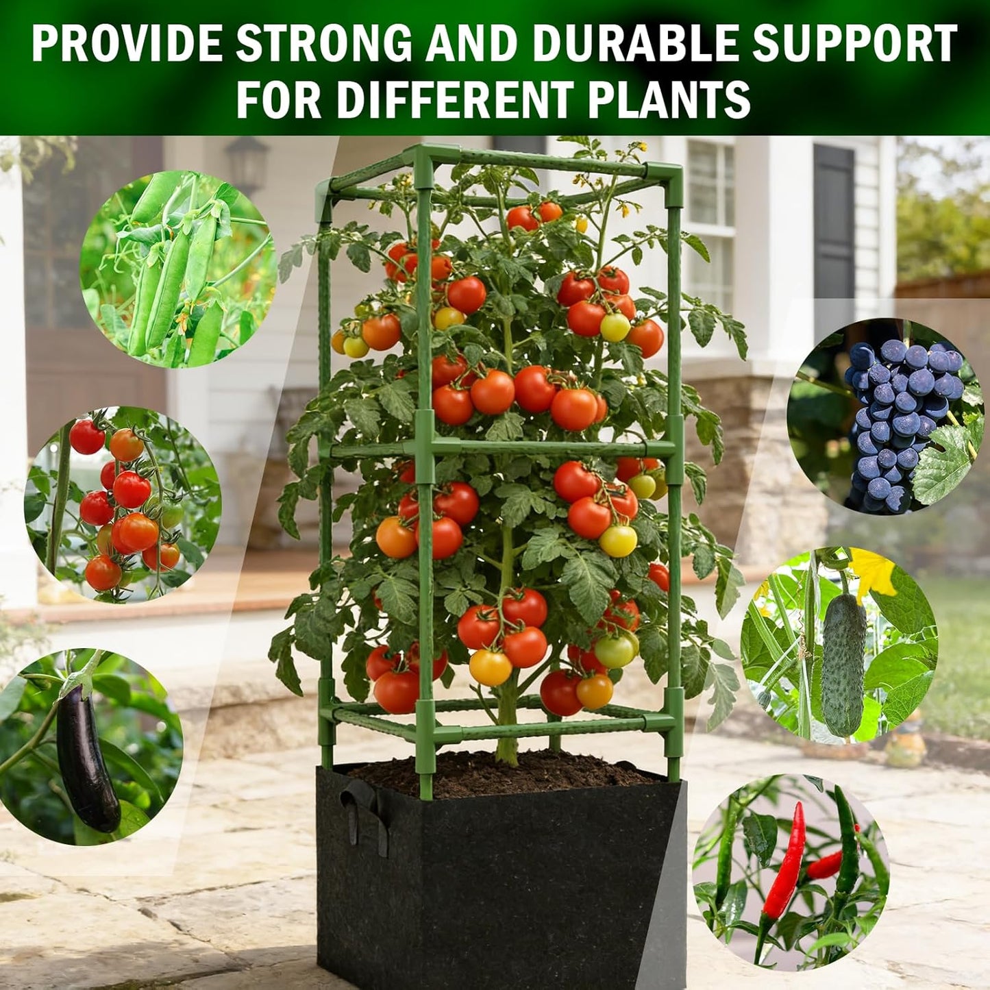3 Pack Square Tomato Cages with Grow Bags, 45" Heavy Duty Square Tomato Trellis Plant Support for Raised Garden Bed Climbing Vegetables, Set with Garden Gloves, 20 Clips & 65FT Tie Wire