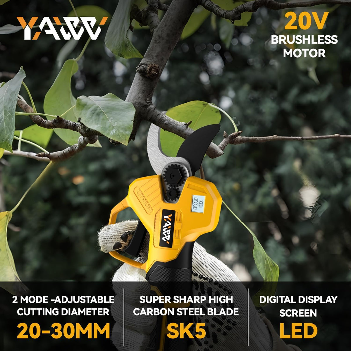 Brushless Electric Pruning Shears for DeWalt 20V Battery, Portable Cordless Pruning Shears with LCD Display＆SK5 Blades, Adjustable Cutting Diameter 0.8-1.2 Inch for Gardening Tree Pruning(NO Battery)