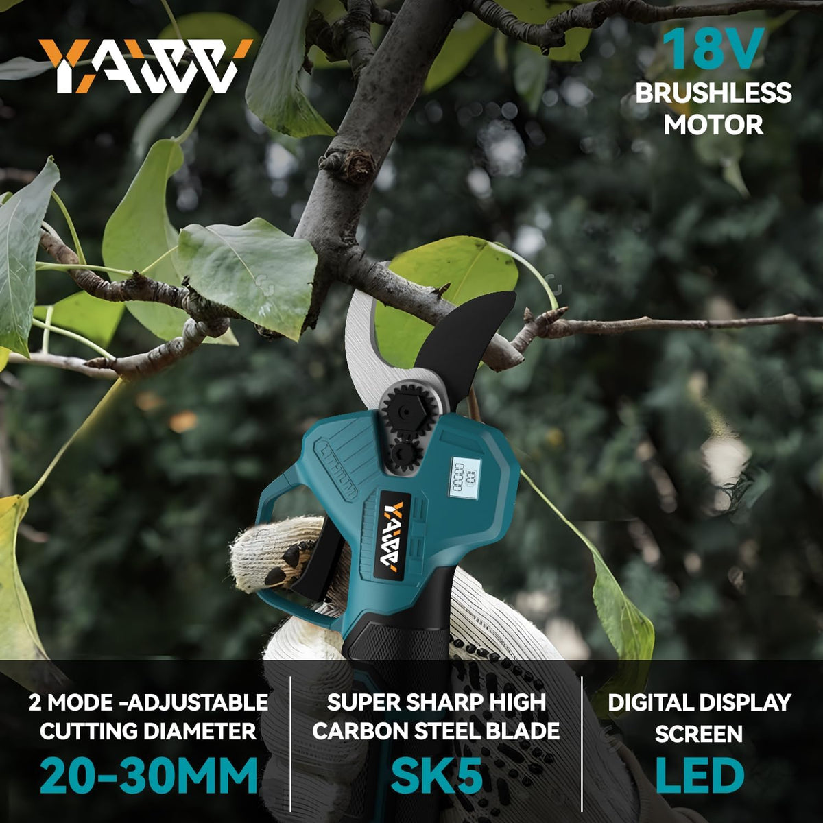 Brushless Electric Pruning Shears for DeWalt 20V Battery, Portable Cordless Pruning Shears with LCD Display＆SK5 Blades, Adjustable Cutting Diameter 0.8-1.2 Inch for Gardening Tree Pruning(NO Battery)