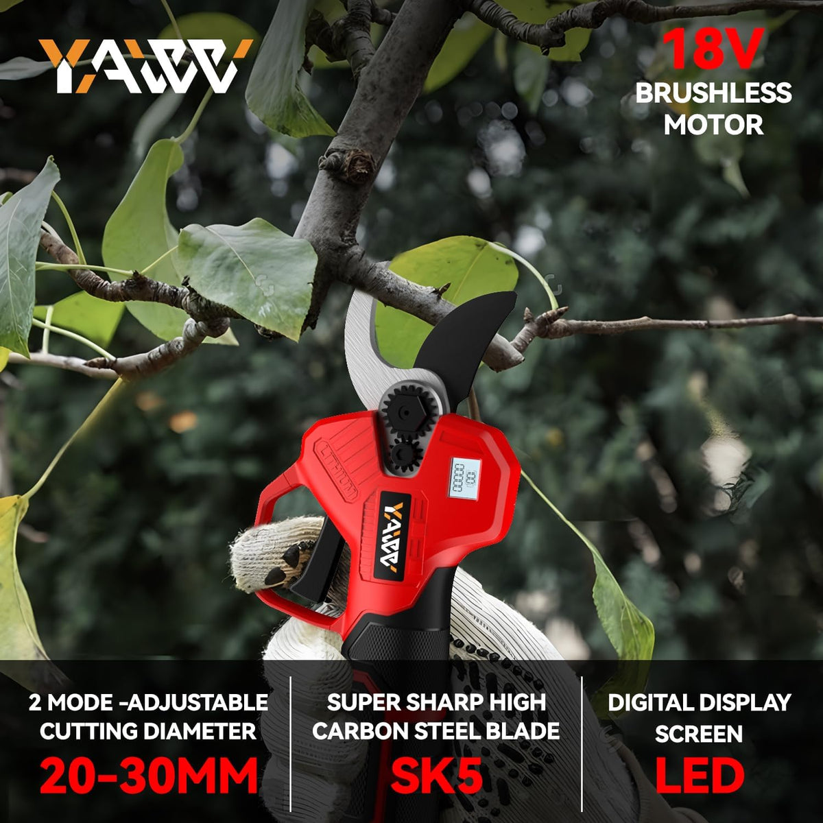 Brushless Electric Pruning Shears for DeWalt 20V Battery, Portable Cordless Pruning Shears with LCD Display＆SK5 Blades, Adjustable Cutting Diameter 0.8-1.2 Inch for Gardening Tree Pruning(NO Battery)