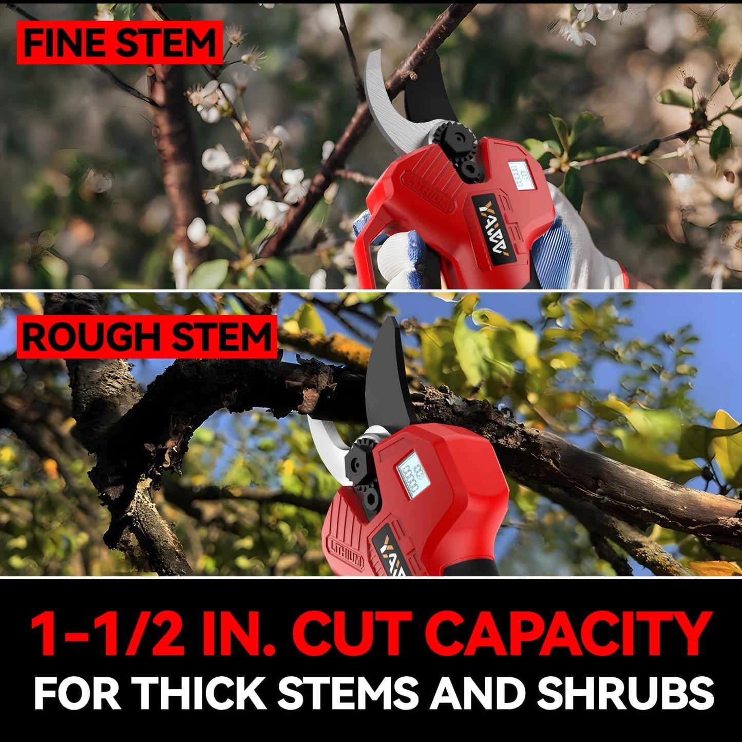Brushless Electric Pruning Shears for DeWalt 20V Battery, Portable Cordless Pruning Shears with LCD Display＆SK5 Blades, Adjustable Cutting Diameter 0.8-1.2 Inch for Gardening Tree Pruning(NO Battery)