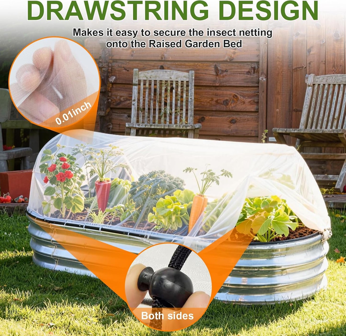 2 Pack Garden Netting for 6×3 FT Raised Beds, Large Fine Mesh Insect Netting with Drawstring, Garden Bed Cover for Vegetables, Fruit & Flower Protection