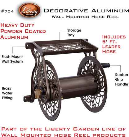 Liberty GARDEN 704 Decorative Cast Aluminum Wall Mount Garden Hose Reel, Holds 125-Feet of 5/8-Inch Hose - Bronze