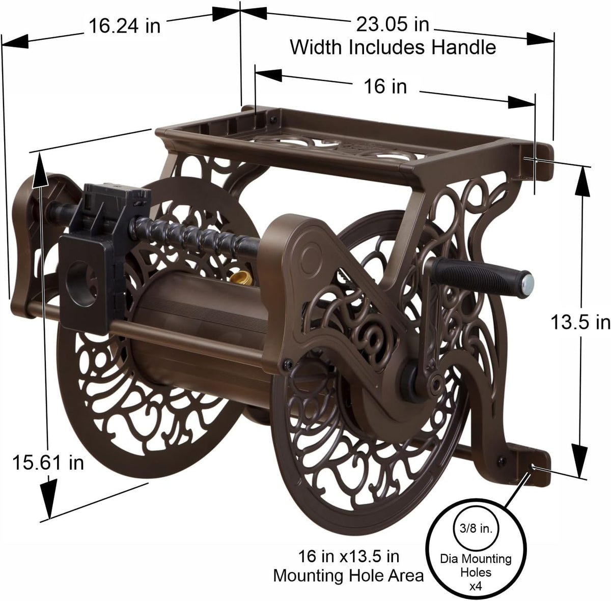 Liberty GARDEN 704 Decorative Cast Aluminum Wall Mount Garden Hose Reel, Holds 125-Feet of 5/8-Inch Hose - Bronze