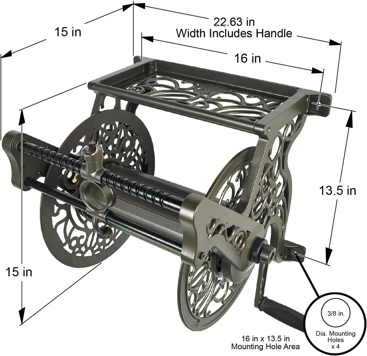 Liberty GARDEN 704 Decorative Cast Aluminum Wall Mount Garden Hose Reel, Holds 125-Feet of 5/8-Inch Hose - Bronze