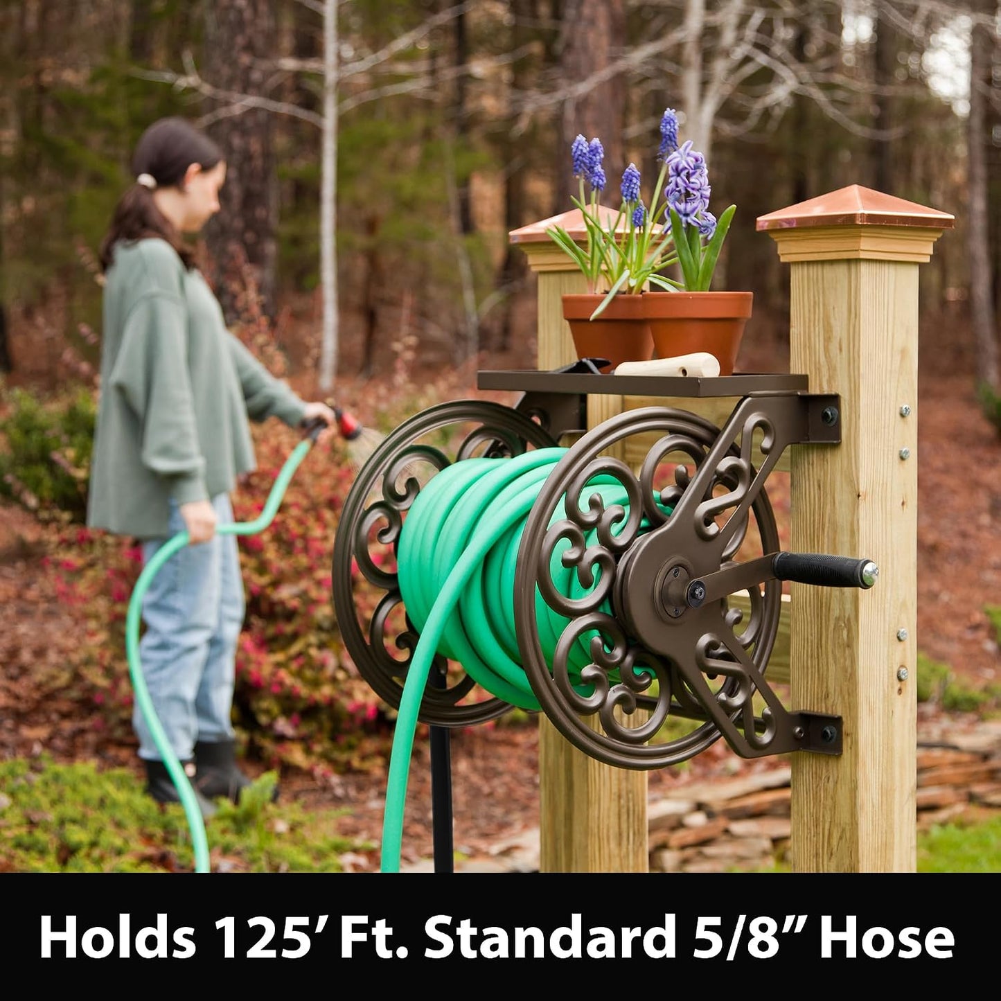 Liberty GARDEN 704 Decorative Cast Aluminum Wall Mount Garden Hose Reel, Holds 125-Feet of 5/8-Inch Hose - Bronze