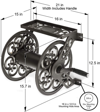 Liberty GARDEN 704 Decorative Cast Aluminum Wall Mount Garden Hose Reel, Holds 125-Feet of 5/8-Inch Hose - Bronze