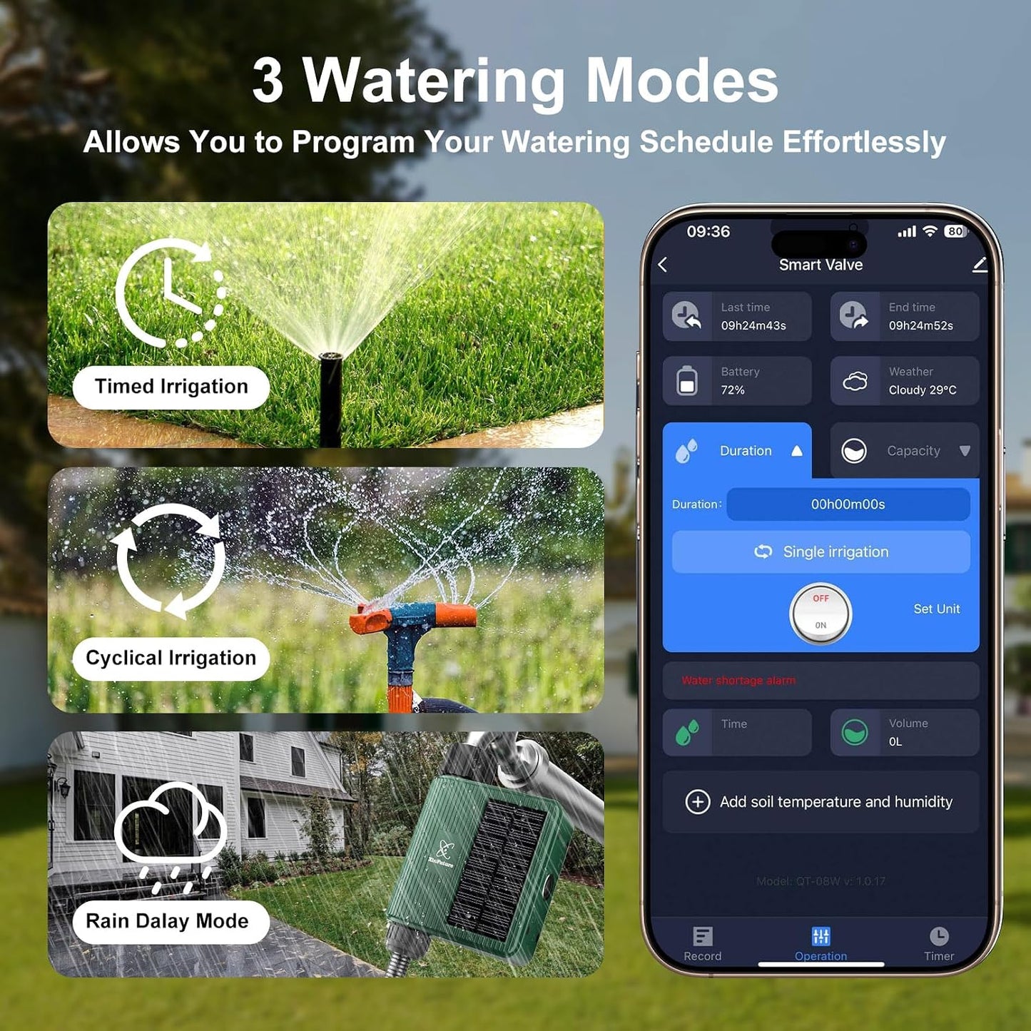 Smart WiFi Solar Sprinkler Timer, XinFuture Water Timer Rechargeable with Rain Delay, Manual& Automatic Watering System for Garden Hose Faucet, App& Voice Control, Outdoor Irrigation Controller