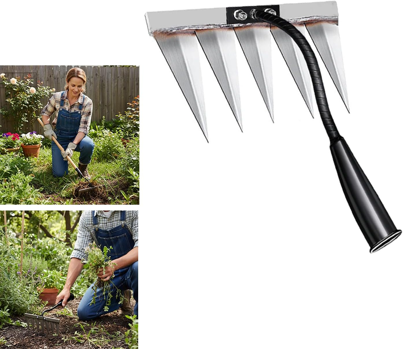 Iron Rake for Weeding, Garden Metal Rake Heavy Duty with 5 Tines, Garden Weeding Rake Tools, Sharp Gardening Weed Rake Tool, Hand Rake Weeder Tool Weed Puller for Backyard Farm Planting Weeding