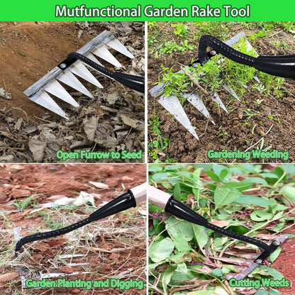 Iron Rake for Weeding, Garden Metal Rake Heavy Duty with 5 Tines, Garden Weeding Rake Tools, Sharp Gardening Weed Rake Tool, Hand Rake Weeder Tool Weed Puller for Backyard Farm Planting Weeding