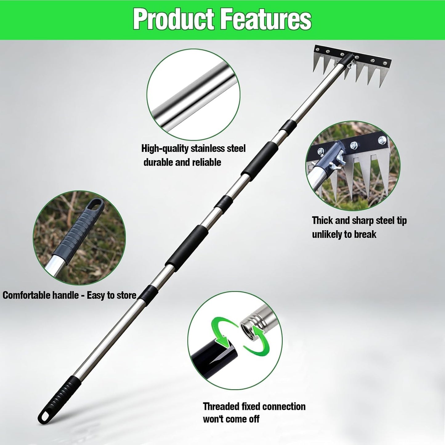 Iron Rake for Weeding, Garden Metal Rake Heavy Duty with 5 Tines, Garden Weeding Rake Tools, Sharp Gardening Weed Rake Tool, Hand Rake Weeder Tool Weed Puller for Backyard Farm Planting Weeding