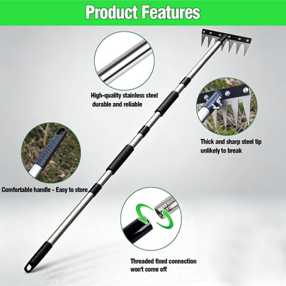 Iron Rake for Weeding, Garden Metal Rake Heavy Duty with 5 Tines, Garden Weeding Rake Tools, Sharp Gardening Weed Rake Tool, Hand Rake Weeder Tool Weed Puller for Backyard Farm Planting Weeding