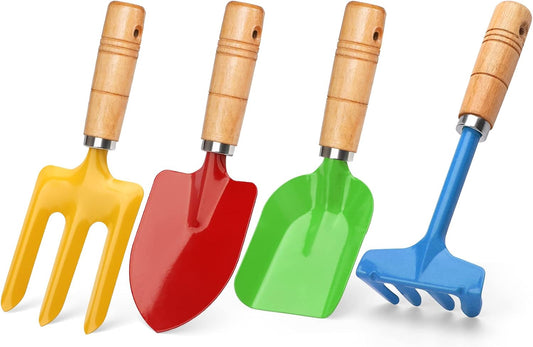Anzmtosn Kids Metal Garden Tool Set Sand Toy, Rake, Spade, Hoe and Leaf Rake, Beach Shovels Scoop Toy, Essential Toddler Sandbox Kit Beach Gear Accessories Outdoor Gardening, 4 Pack