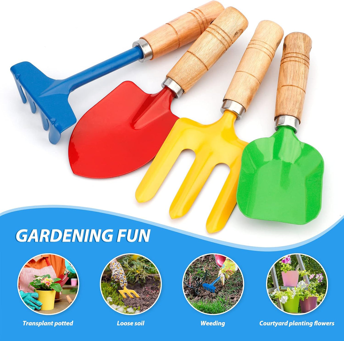 Anzmtosn Kids Metal Garden Tool Set Sand Toy, Rake, Spade, Hoe and Leaf Rake, Beach Shovels Scoop Toy, Essential Toddler Sandbox Kit Beach Gear Accessories Outdoor Gardening, 4 Pack