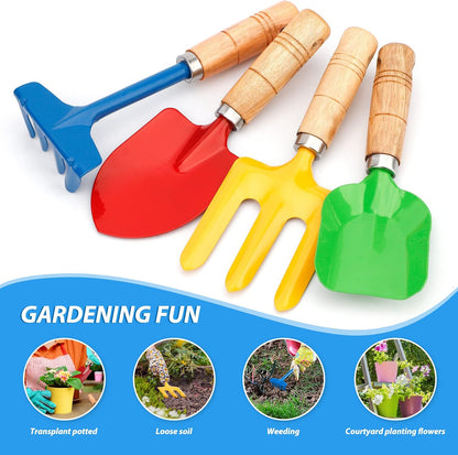 Anzmtosn Kids Metal Garden Tool Set Sand Toy, Rake, Spade, Hoe and Leaf Rake, Beach Shovels Scoop Toy, Essential Toddler Sandbox Kit Beach Gear Accessories Outdoor Gardening, 4 Pack