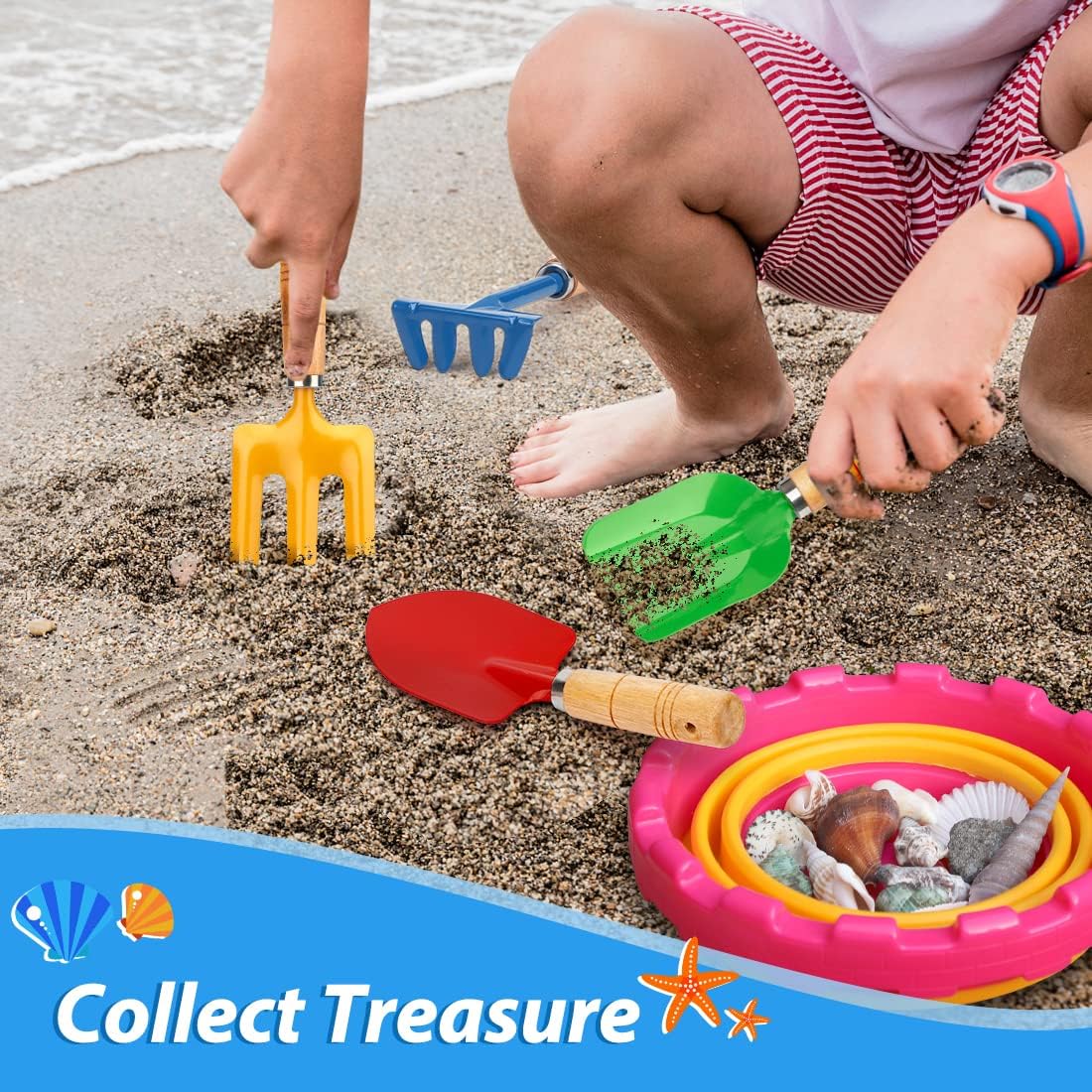 Anzmtosn Kids Metal Garden Tool Set Sand Toy, Rake, Spade, Hoe and Leaf Rake, Beach Shovels Scoop Toy, Essential Toddler Sandbox Kit Beach Gear Accessories Outdoor Gardening, 4 Pack