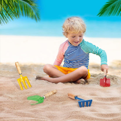Anzmtosn Kids Metal Garden Tool Set Sand Toy, Rake, Spade, Hoe and Leaf Rake, Beach Shovels Scoop Toy, Essential Toddler Sandbox Kit Beach Gear Accessories Outdoor Gardening, 4 Pack
