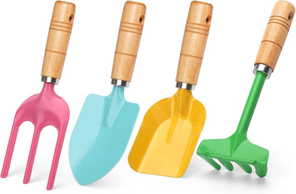 Anzmtosn Kids Metal Garden Tool Set Sand Toy, Rake, Spade, Hoe and Leaf Rake, Beach Shovels Scoop Toy, Essential Toddler Sandbox Kit Beach Gear Accessories Outdoor Gardening, 4 Pack