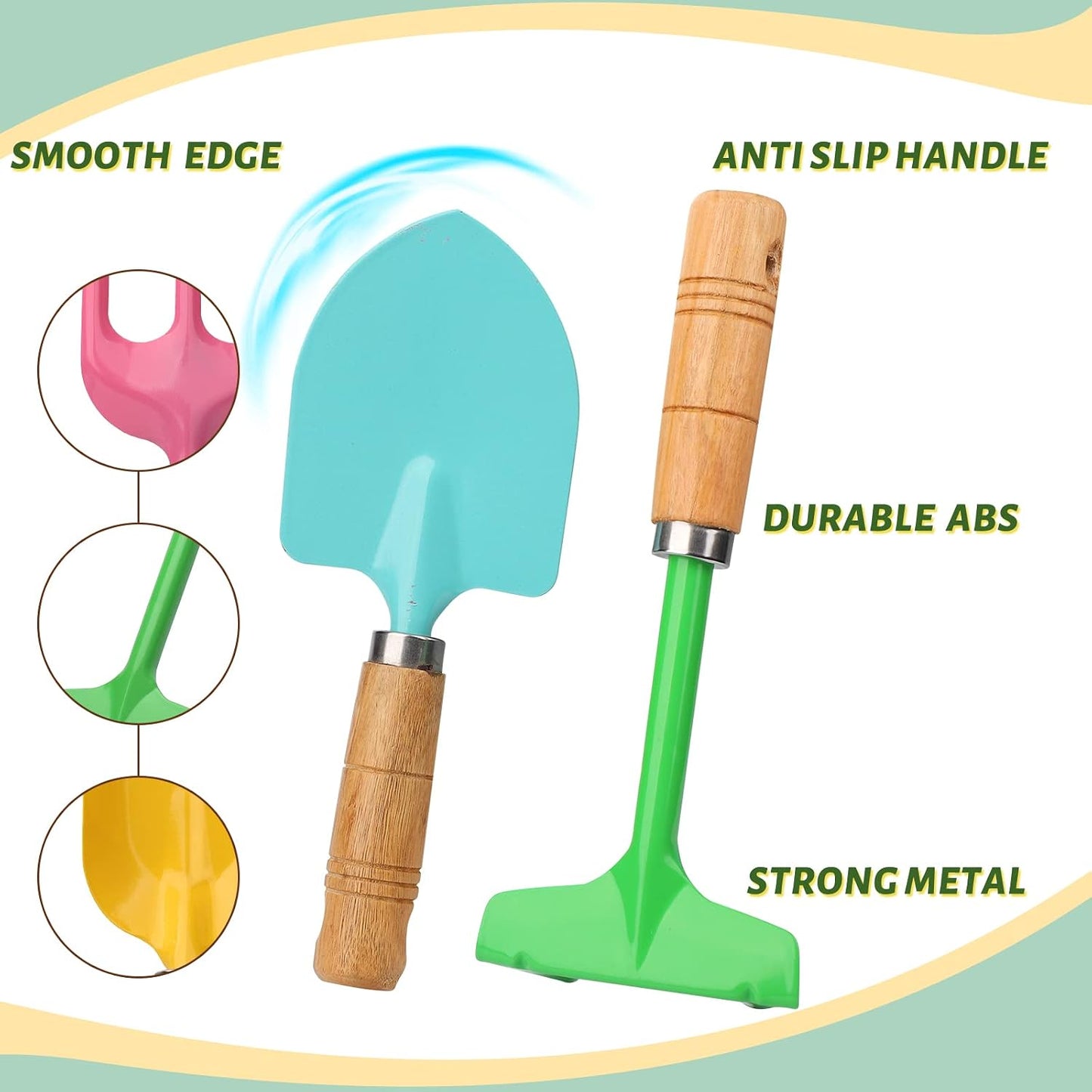 Anzmtosn Kids Metal Garden Tool Set Sand Toy, Rake, Spade, Hoe and Leaf Rake, Beach Shovels Scoop Toy, Essential Toddler Sandbox Kit Beach Gear Accessories Outdoor Gardening, 4 Pack