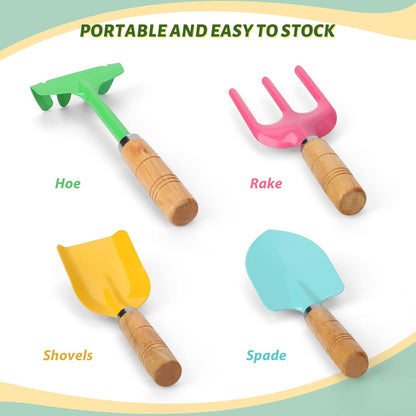Anzmtosn Kids Metal Garden Tool Set Sand Toy, Rake, Spade, Hoe and Leaf Rake, Beach Shovels Scoop Toy, Essential Toddler Sandbox Kit Beach Gear Accessories Outdoor Gardening, 4 Pack