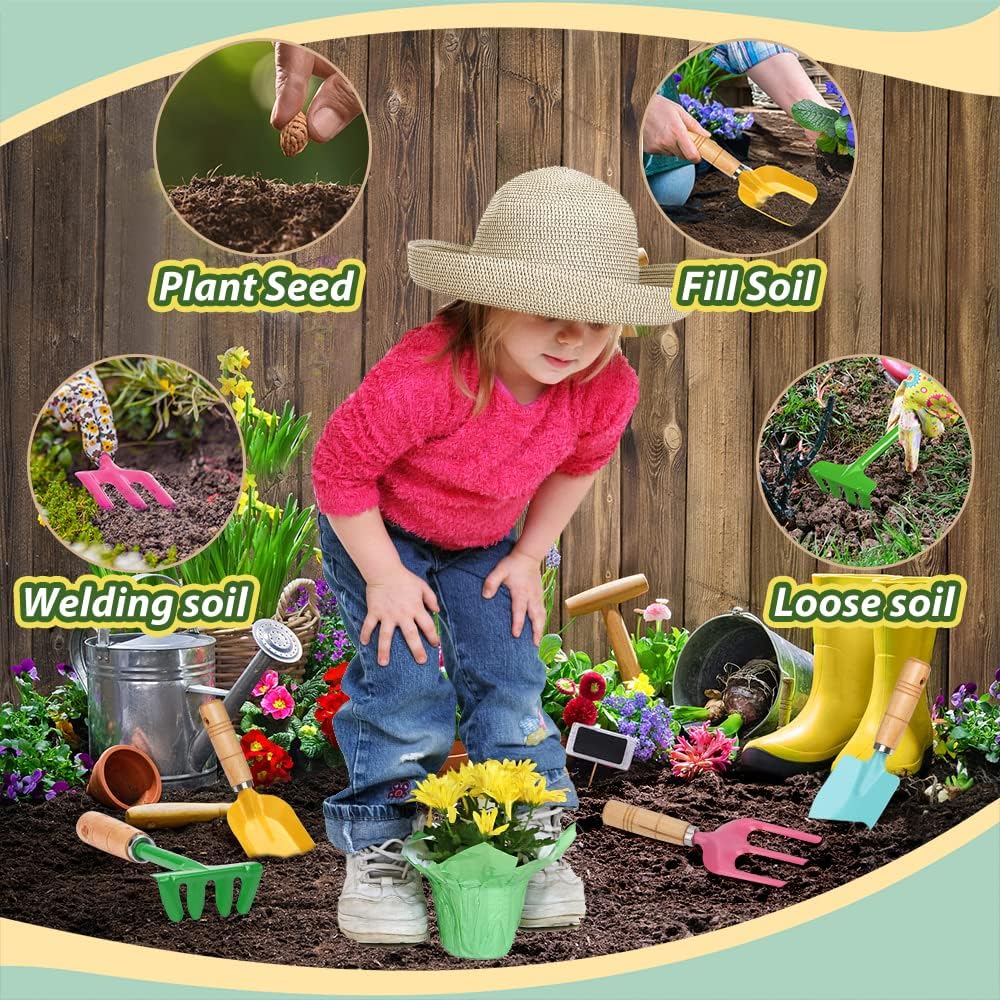 Anzmtosn Kids Metal Garden Tool Set Sand Toy, Rake, Spade, Hoe and Leaf Rake, Beach Shovels Scoop Toy, Essential Toddler Sandbox Kit Beach Gear Accessories Outdoor Gardening, 4 Pack